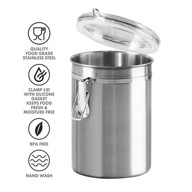 OGGI Stainless Steel Kitchen Canister 52 fl oz - Airtight Clamp Lid, Clear See-Thru Top - Ideal for Kitchen Storage, Food Storage, Pantry Storage. Large Size 5